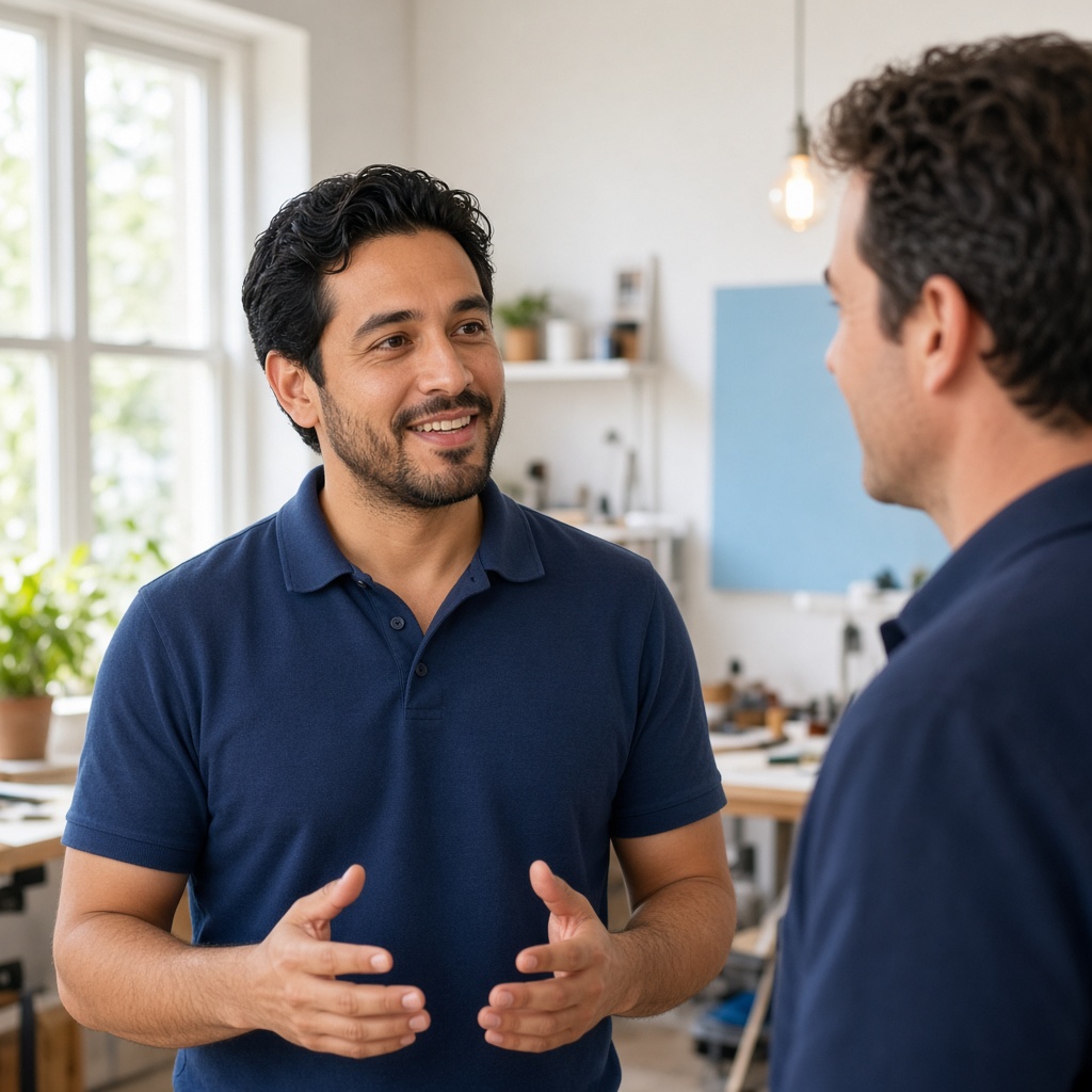 Un hombre latino conversa con un compañero en un taller