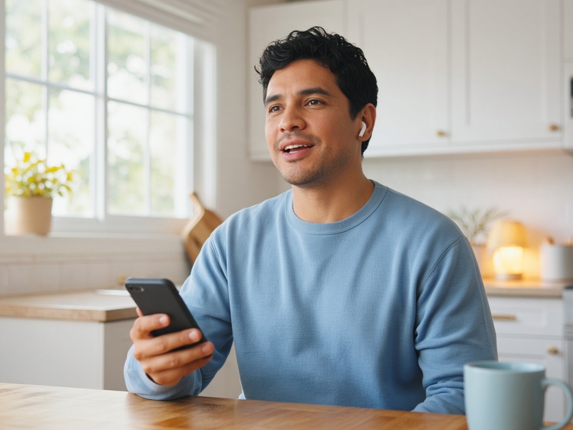 Un hombre latino con audífonos practica inglés en voz alta con su celular en la mesa de la cocina