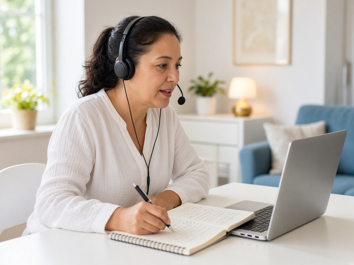 Una mujer latina con audífonos y micrófono practica la pronunciación en inglés frente a su laptop y toma notas